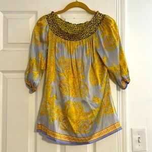 Cache silver and gold silk blouse with stretchy animal print collar XS